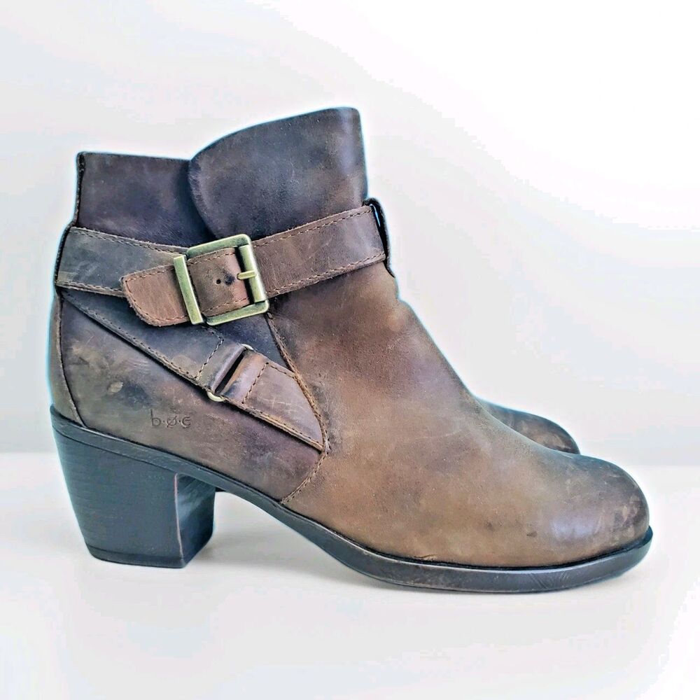 b.o.c. Born Shea Leather Ankle Boots Sz 9 M Brown Buckle Moto Boho Block Heel